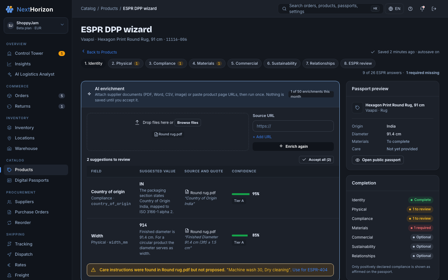 The Digital Product Passport wizard with the ESPR steps and a live passport preview.