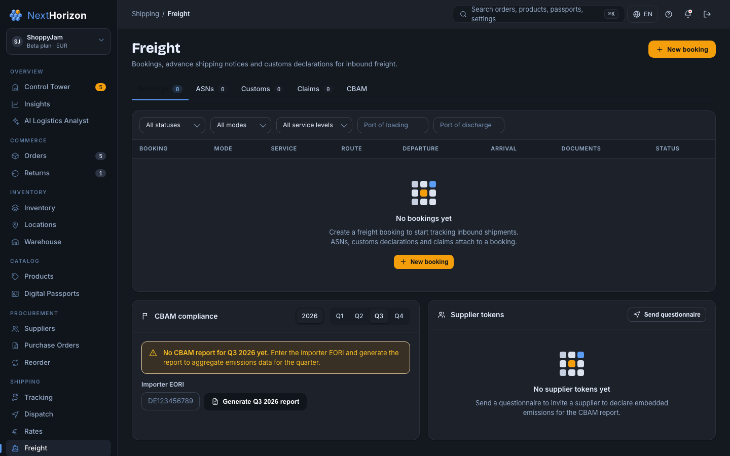 Freight screen with inbound bookings against the same item identities.