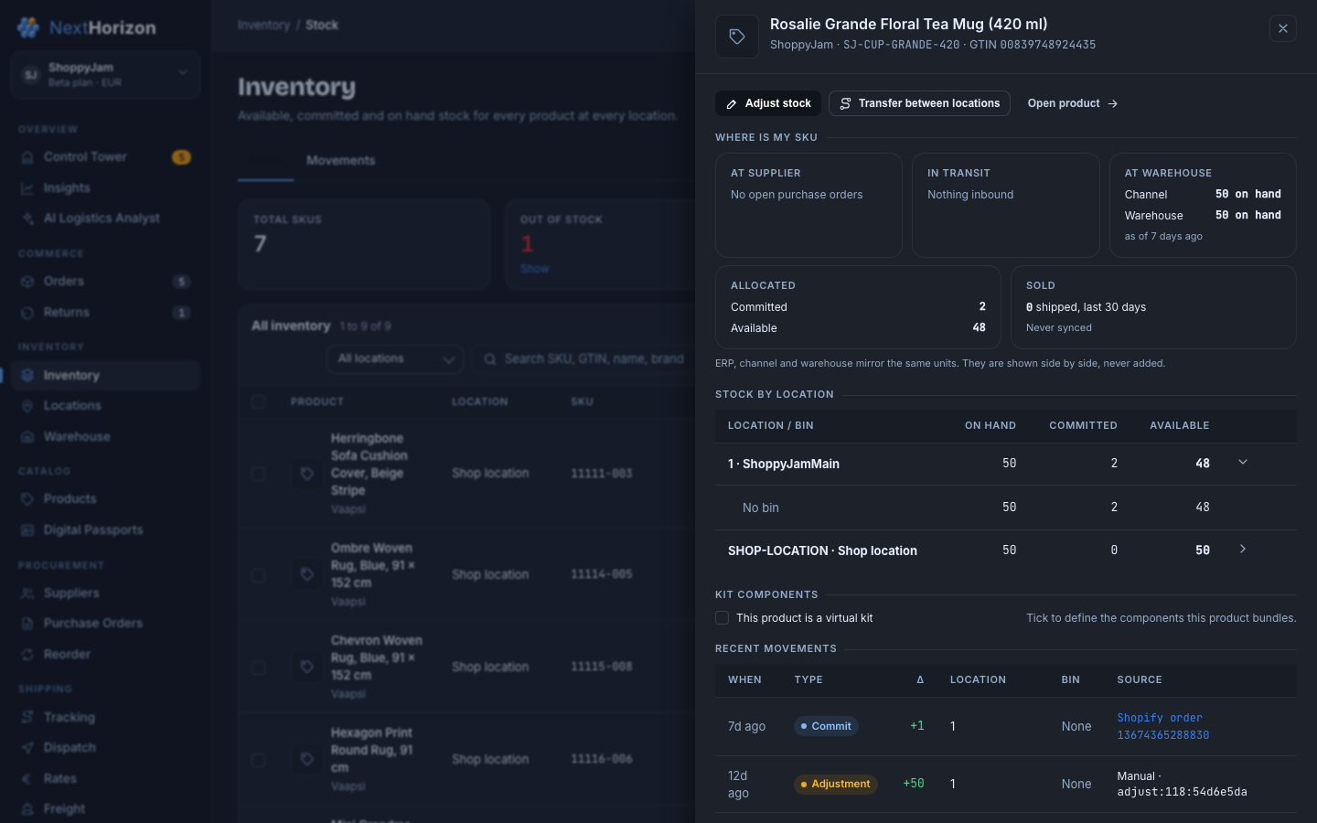 Inventory screen showing stock by location with movements.