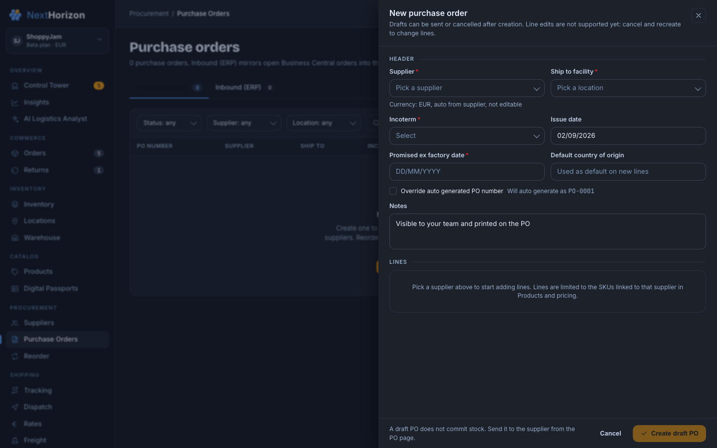 The purchase orders screen, where item identities are reserved against an order to the supplier.
