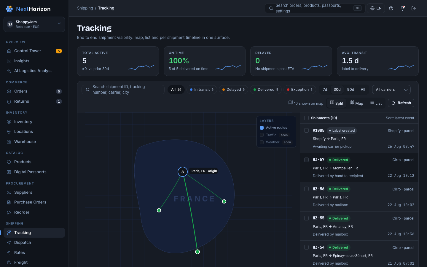 Tracking screen with one consolidated status per shipment and a timeline of events.